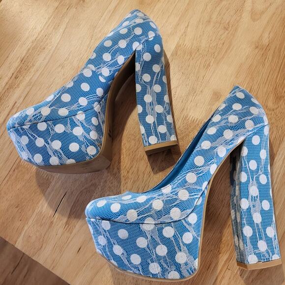 FRH Fahrenheit Blue with white  Polka Dot Lace super high platform size 6 - Picture 1 of 13